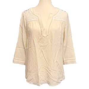 Rebecca Taylor Ivory Lace Trim Split Neck Boho Blouse Top Size 2 Silk Blend
